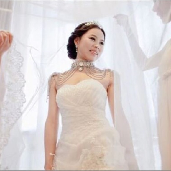 Rhinestone/Tulle Frills Bridal Shoulder Tassel, Glam Coverup for Strapless Dress - Picture 5 of 10